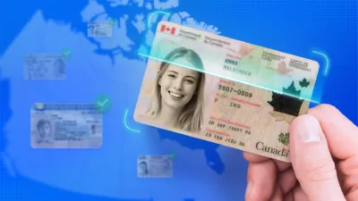 Canadian ID in front of blue background showing Canadian map